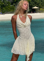 Halter Cowl Neck Crinkle Embroidered Asymmetrical Lettuce Hem Mini Dress