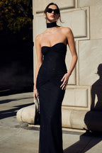 Strapless Sweetheart Lurex Ruched Sunburst Knot Hip Mermaid Maxi Gown