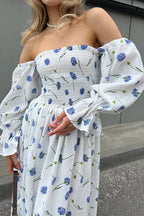 Floral Print Off Shoulder Smocked Puff Sleeve High Split Maxi Dress