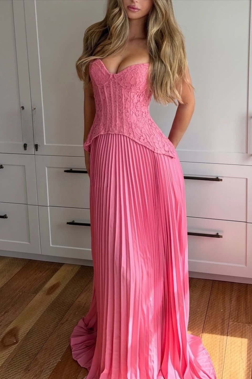 Halter Deep V Neck Lace Bodice Accordion Pleated Maxi Dress