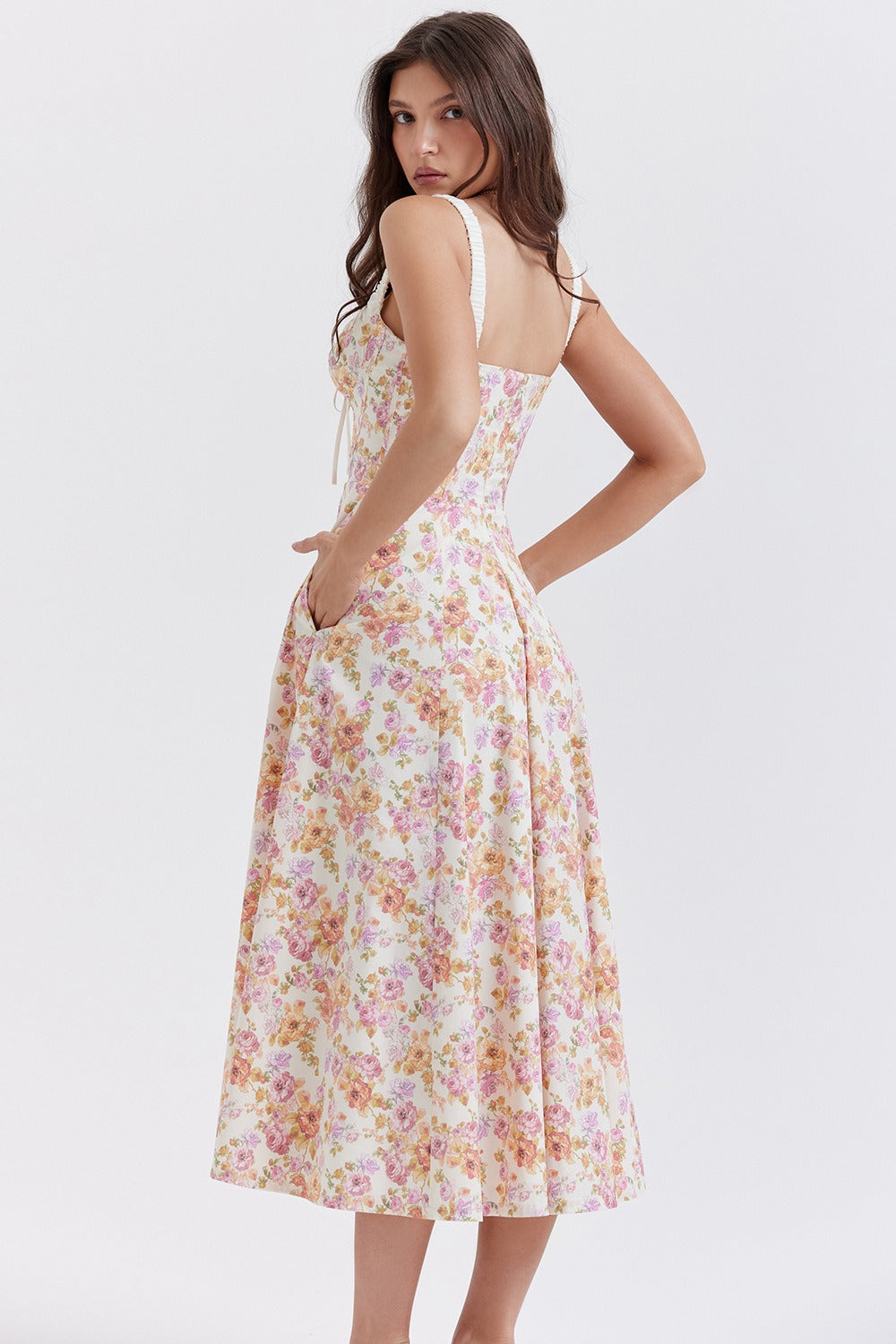 Strap Slit Fit Flare Floral Dress
