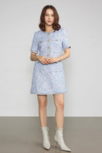 Round Neck Tweed Button Front Flap Pocket Braided Trim Mini Dress