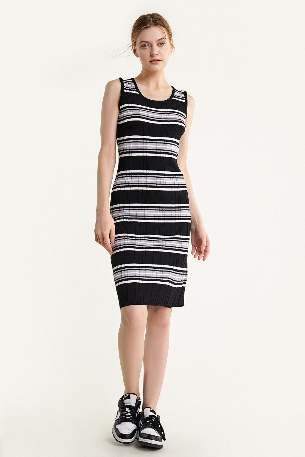 Scoop Neck Ribbed Knit Horizontal Stripe Tank Bodycon Midi Dress