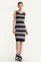 Scoop Neck Ribbed Knit Horizontal Stripe Tank Bodycon Midi Dress