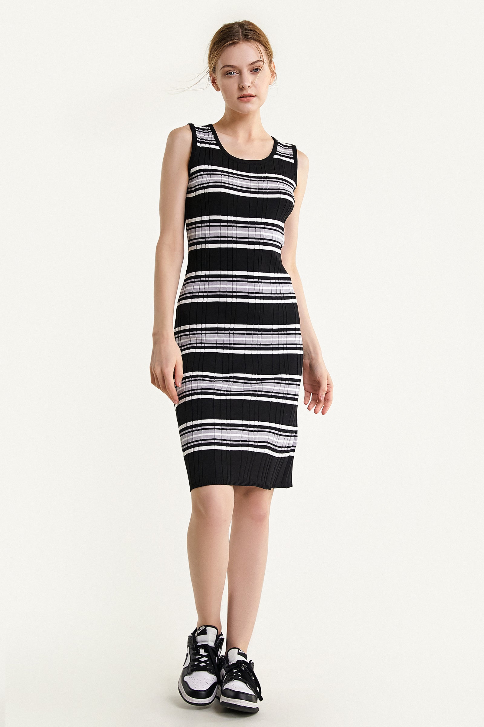 Scoop Neck Ribbed Knit Horizontal Stripe Tank Bodycon Midi Dress