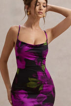 Floral Print Cowl Neck Spaghetti Strap Bodycon Midi Mini Dress