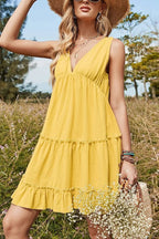 Solid Color V-neck Sleeveless Casual Loose-fitting Vacation Mini Dress