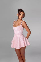 Jacquard Floral Bow Strap Cowl Neck Fit and Flare Mini Dress