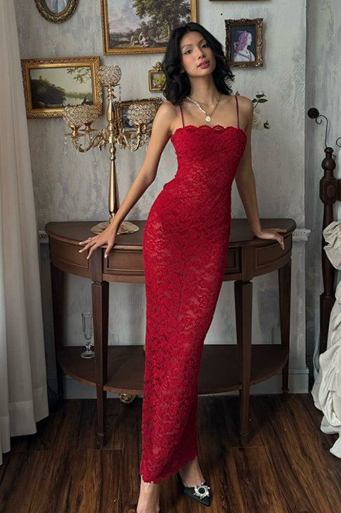 Floral Lace Scallop Trim Spaghetti Strap Bodycon Maxi Dress