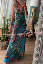 Rainforest Paradise Tropical Print Cutout Back Crossover Stretch Maxi Dress