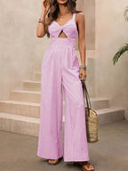 Striped Cutout Twist Front Wide Leg Jumpsuit