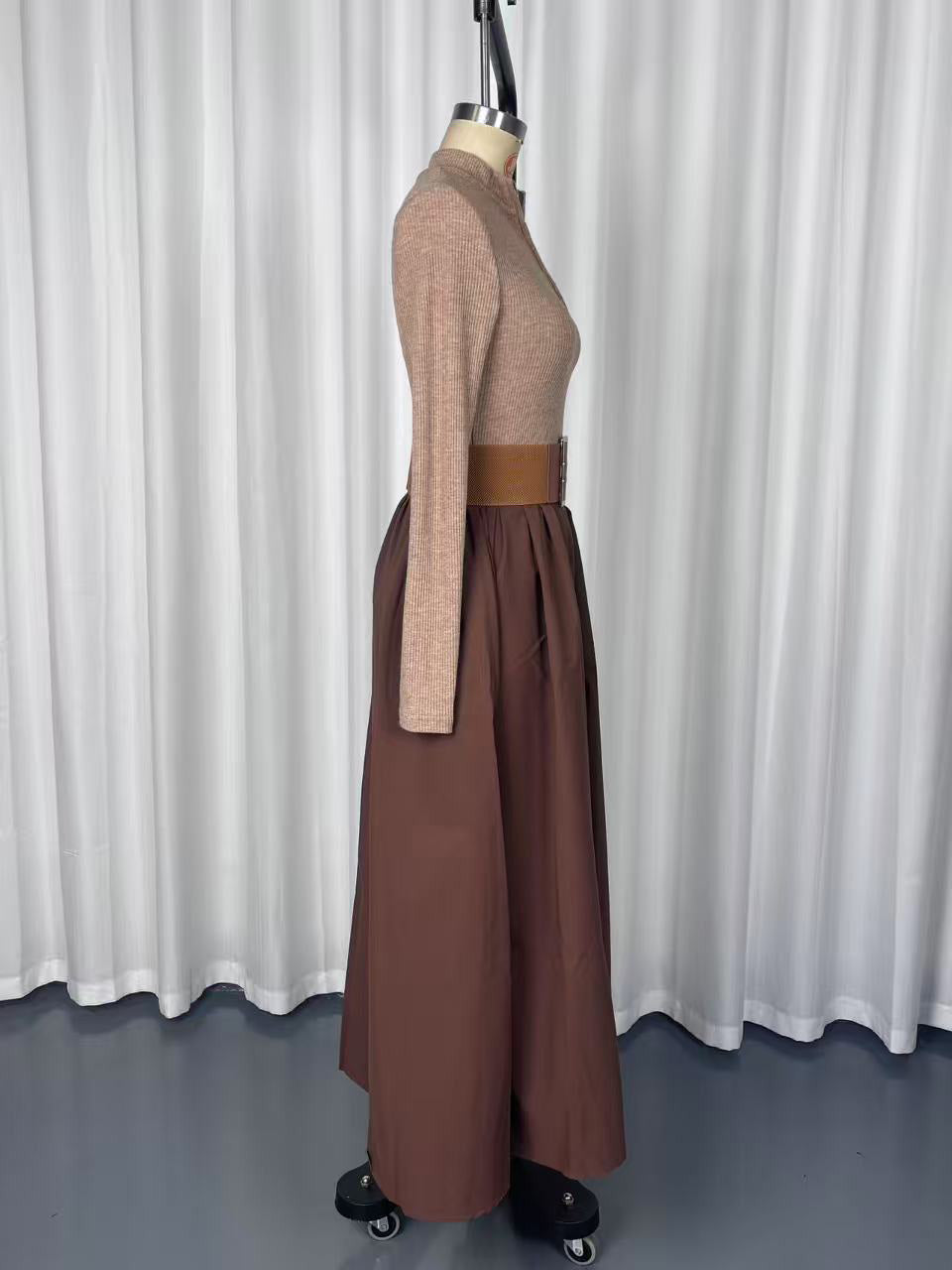Half Zip Ribbed Knit Patchwork Belted Long Sleeve A-Line Maxi Dress For Women 2026