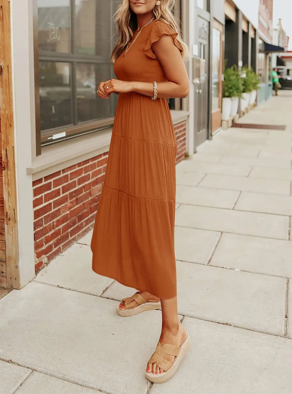 Smocked Bodice Flutter Sleeve Tiered A-Line Midi Dress