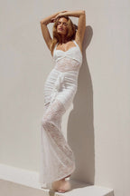 Lace Halter Sweetheart Ruched Sheer Panel Center Ruffle Maxi Dress