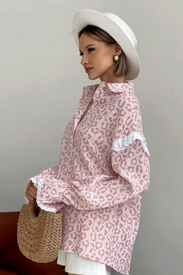 Pink Leopard Print Fashion Ruffle Blouse