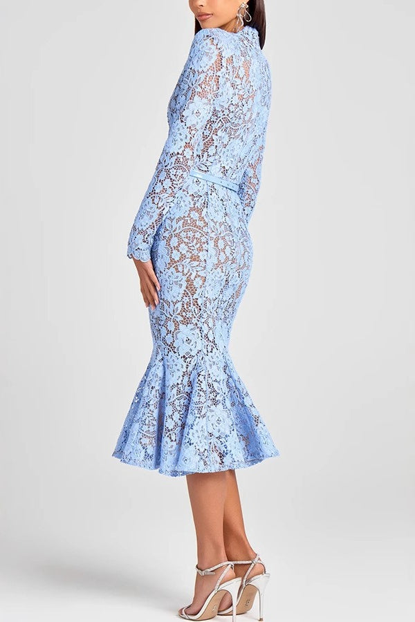 Lace Mock Neck Long Sleeve Belted Mermaid Trumpet Midi Dress
