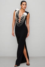 Avra Pearl Beaded Chain 3D Floral Maxi Dress