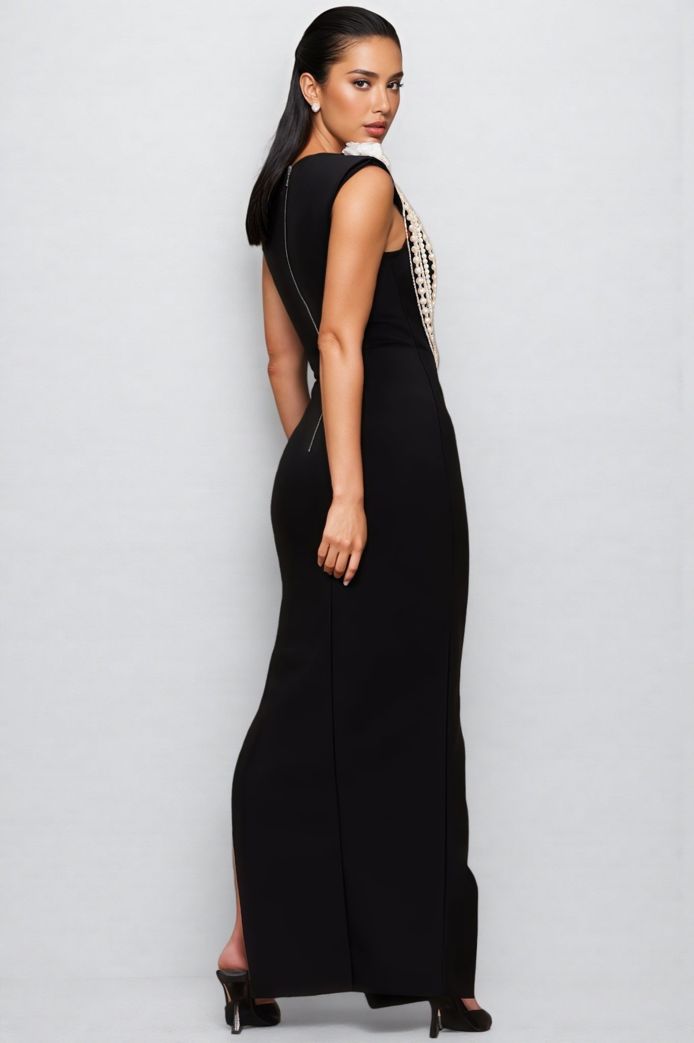 Avra Pearl Beaded Chain 3D Floral Maxi Dress