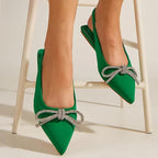 Autumn Crystal Butterfly-knot Green Women Pumps with Shallow Pointed Toe for Strippers