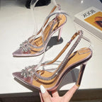 Clear Rhinestone Women Sandals Pumps with Hollow Out Slingbacks and High Heels