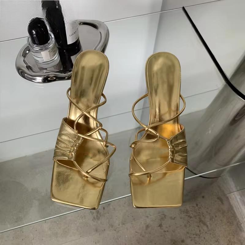 Gold Narrow Band Women Slipper with Square Pinch Toe and Low Heel