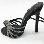 Crystal Peep Toe Ankle Strap Sandals with Thin Heels for Women's Party or Stripping