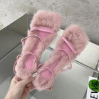 Plush Fur Fuzzy Sandals with Thin Heels for Women