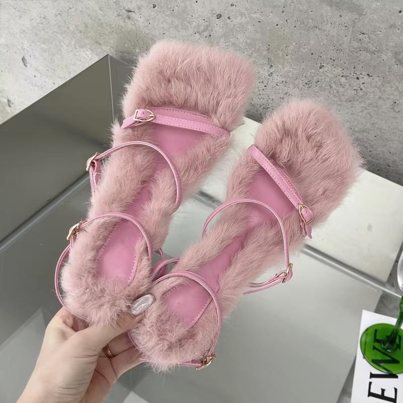 Plush Fur Fuzzy Sandals with Thin Heels for Women