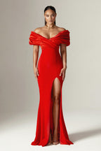 Off Shoulder Draped Satin Bodice High Split Column Maxi Gown