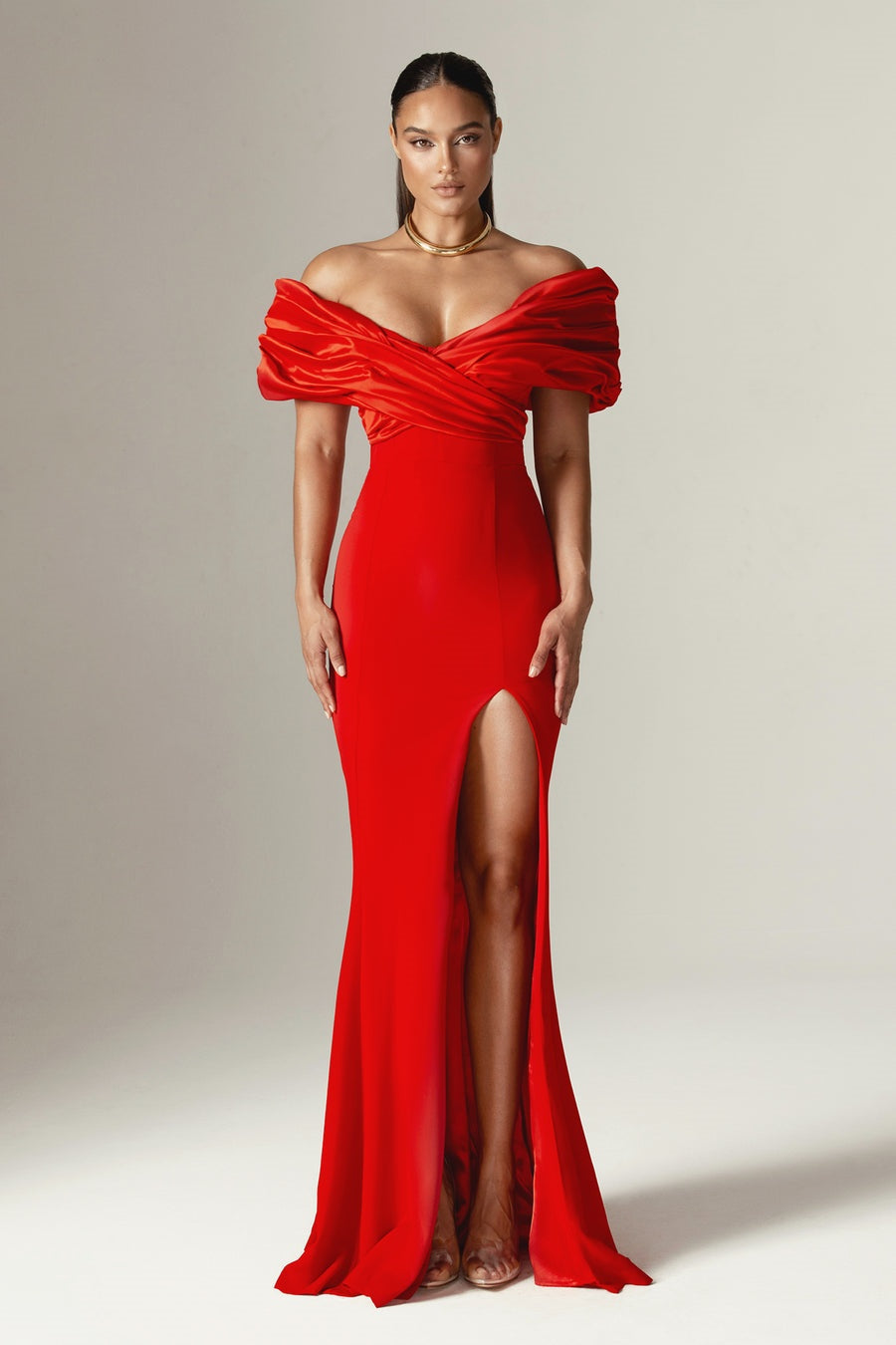 Off Shoulder Draped Satin Bodice High Split Column Maxi Gown
