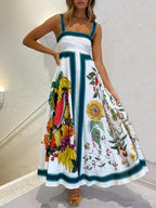 Botanical Fruit Print Square Neck Contrast Trim A-Line Maxi Dress