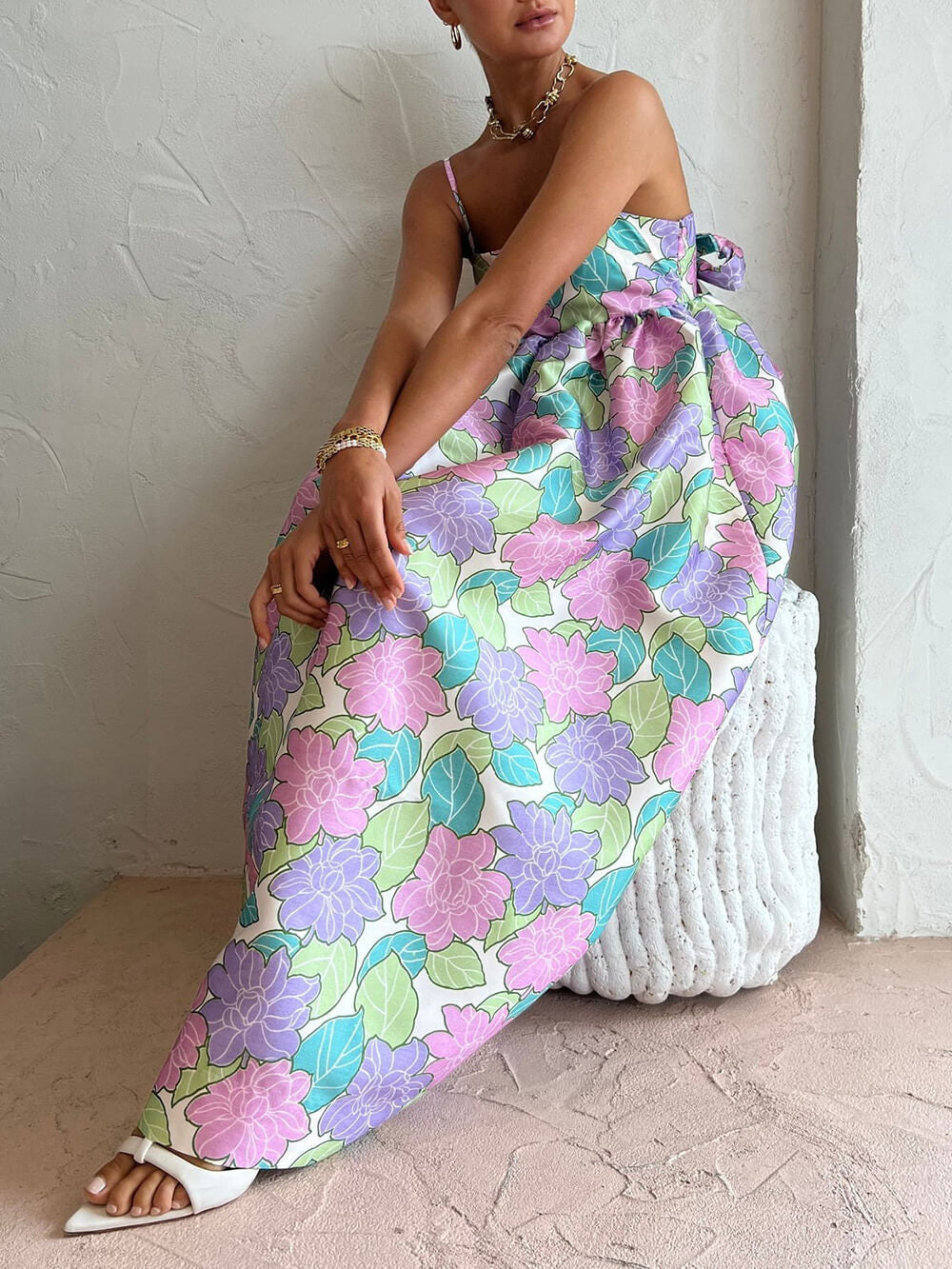 Square Neck Spaghetti Strap Empire Waist Tropical Floral Babydoll Midi Dress