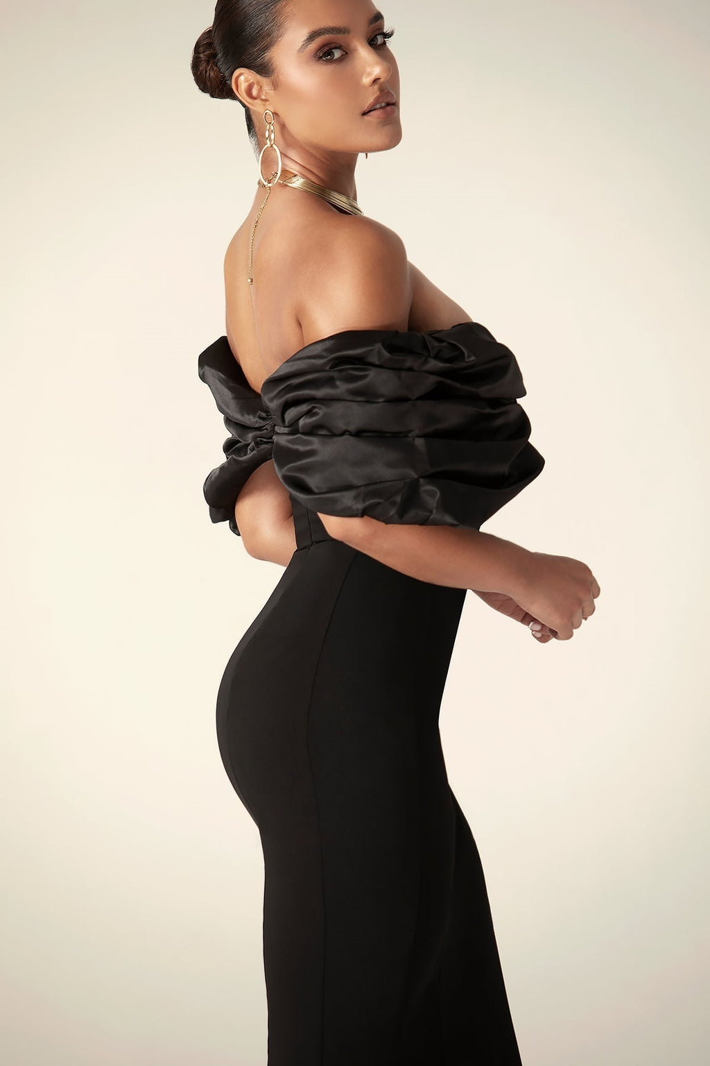 Off Shoulder Draped Satin Bodice High Split Column Maxi Gown