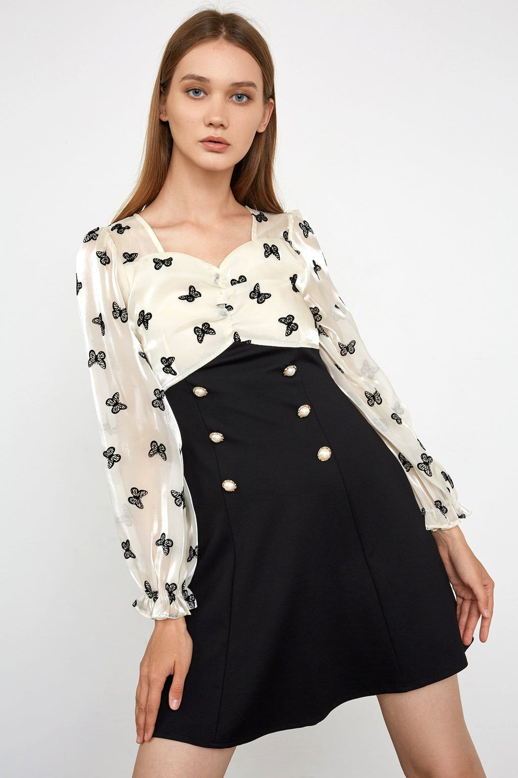 Butterfly Print Ruched Sweetheart Balloon Sleeve Pearl Button Mini Dress
