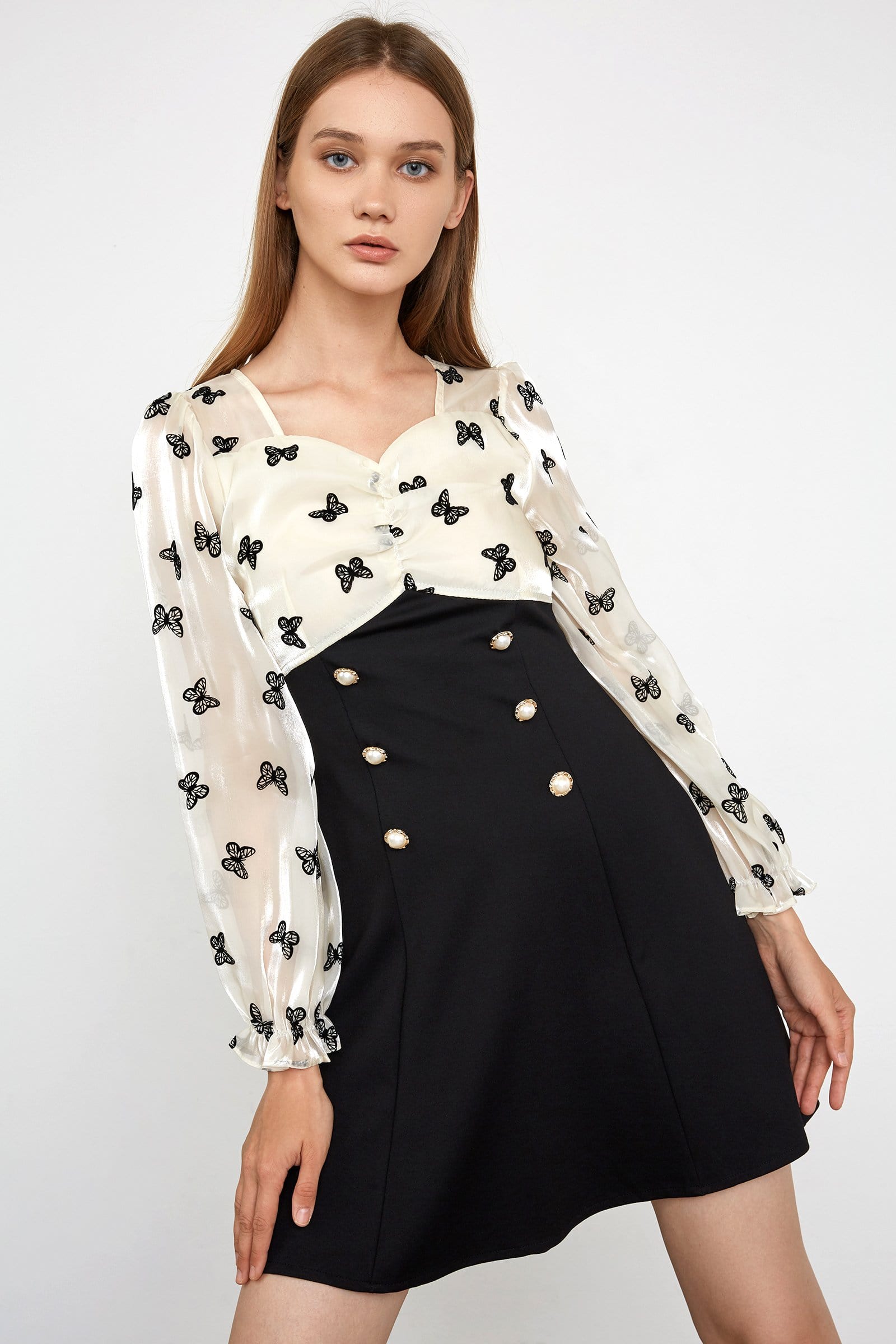 Butterfly Print Ruched Sweetheart Balloon Sleeve Pearl Button Mini Dress
