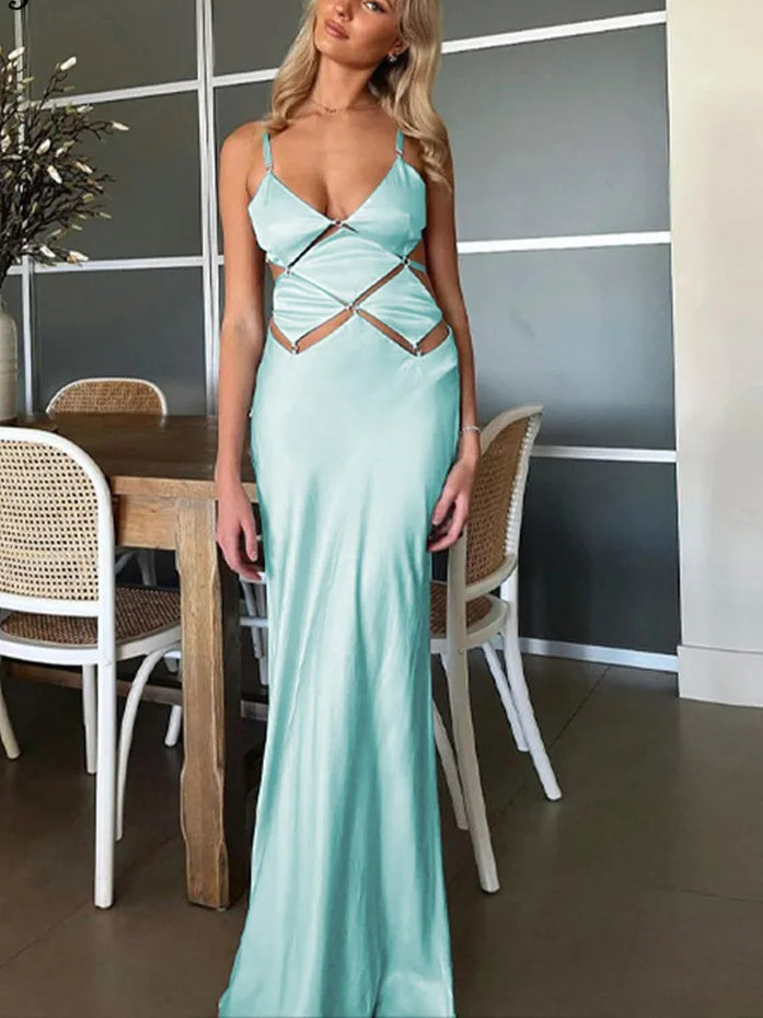 Spaghetti Strap Metal Ring Geometric Cutout Maxi Dress