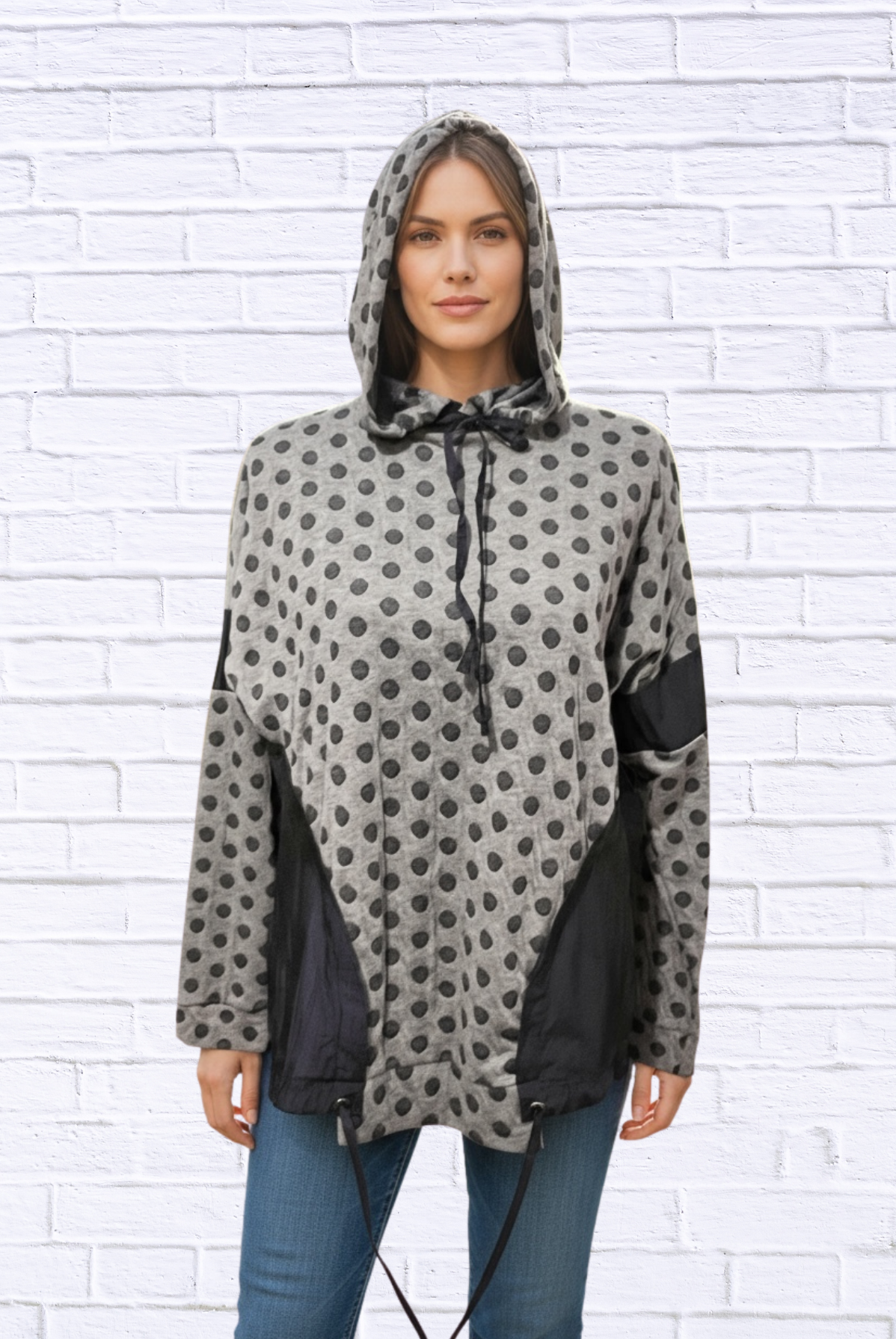 Polka Dot Contrast Panel Hoodie _ Casual Drawstring Long Sleeve Sweatshirt