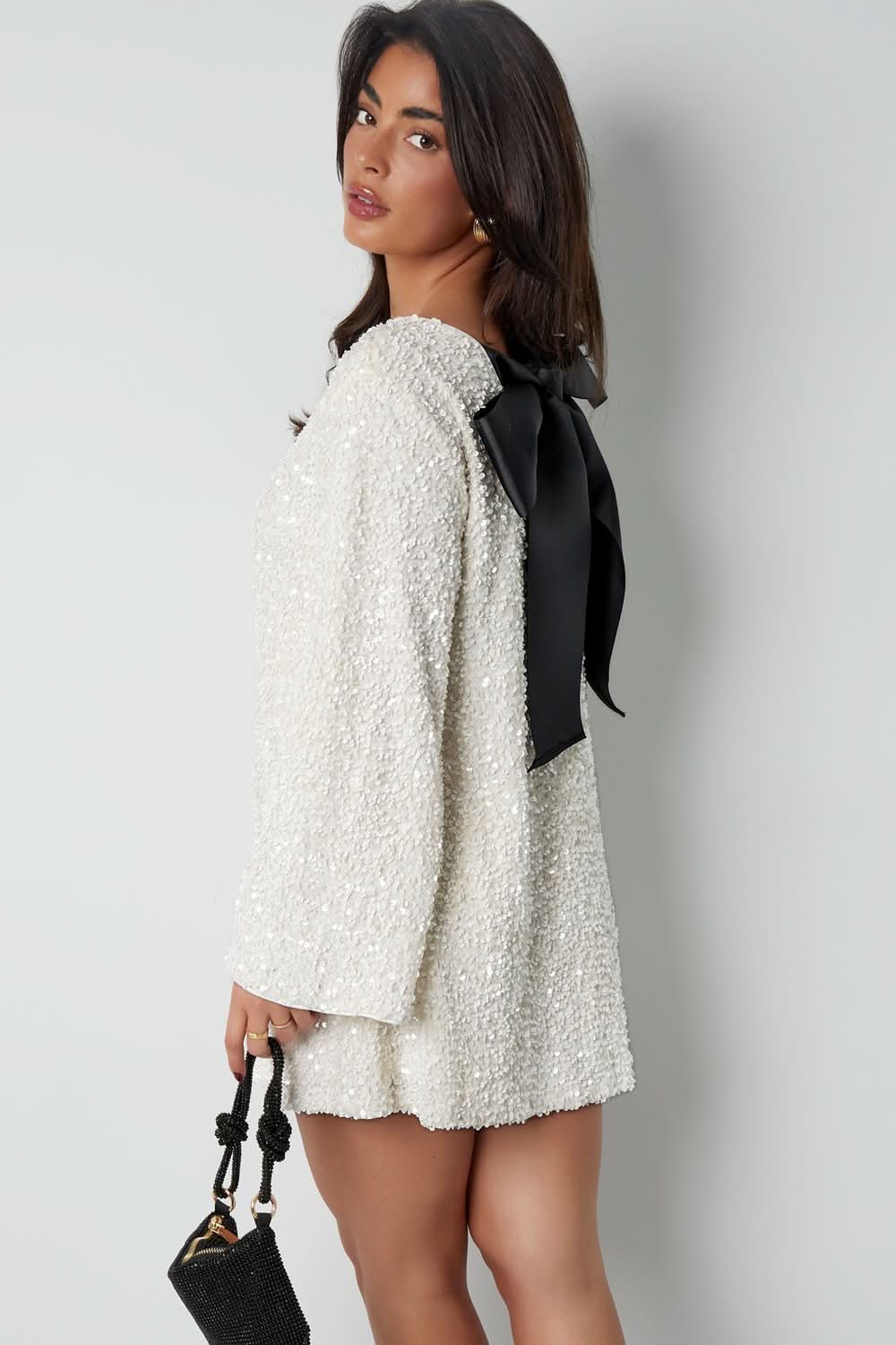 Sequin Boat Neck Long Sleeve Shift Mini Dress