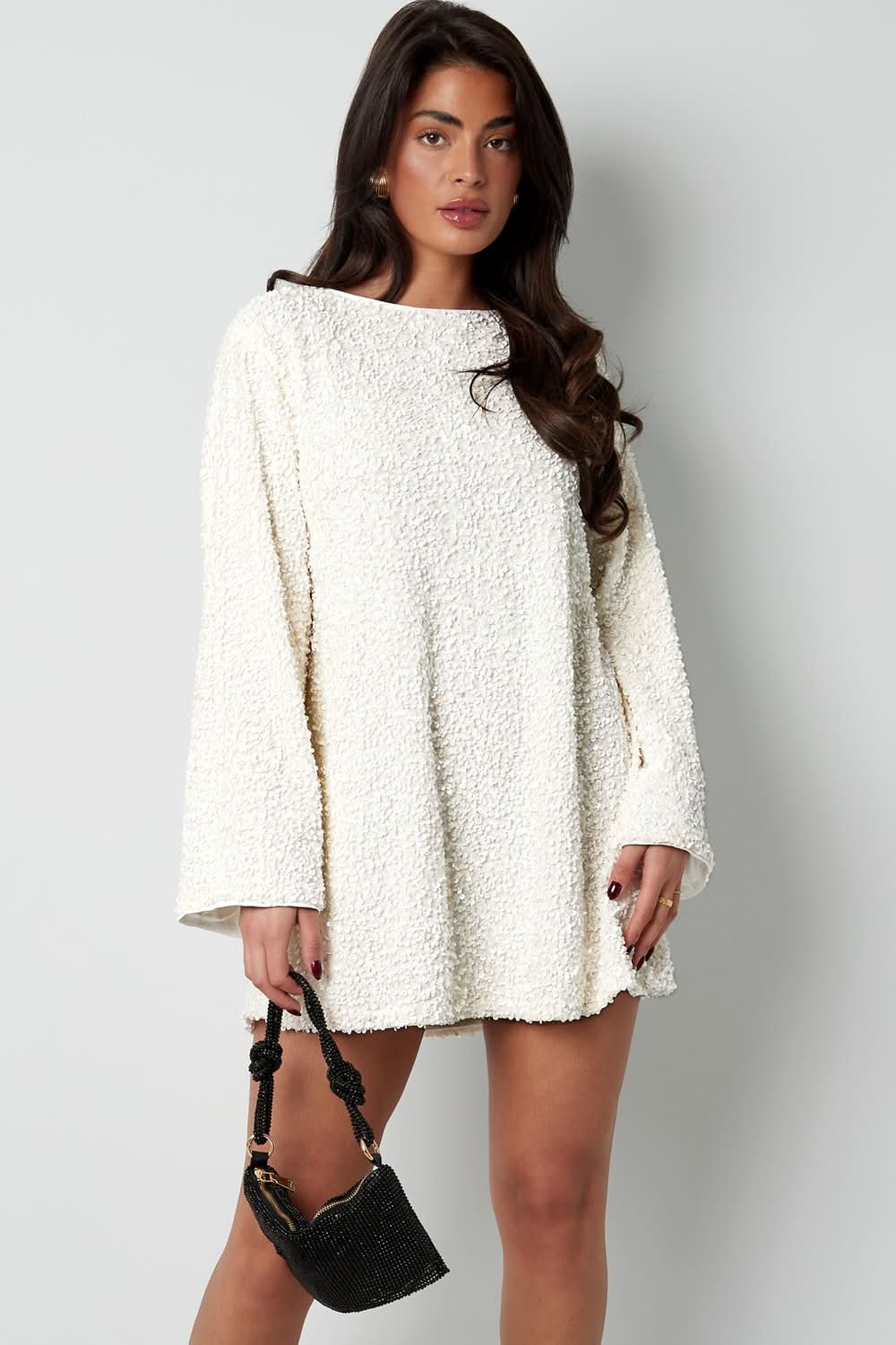 Sequin Boat Neck Long Sleeve Shift Mini Dress