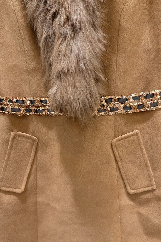 Brown Faux Fur Sleeveless Embellished Midi Dress