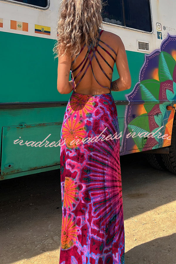 La Bamba Tie-dye Print Back Lace-up Stretch Maxi Dress
