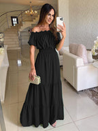Off Shoulder Smocked Maxi Dress For Women - Boho Tiered A-Line Beach Gown with Puffy Sleeves - Summer Vacation 2026