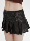 Vintage Buckle Detail Pleated Leather Mini Skirt