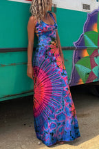 Tie Dye Print Criss Cross Strap Open Back Sleeveless Maxi Dress