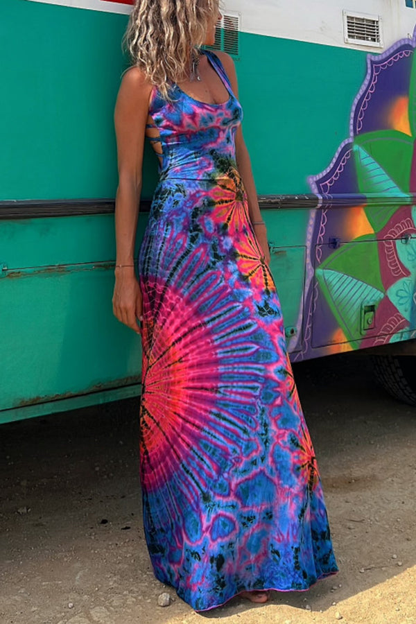 Tie Dye Print Criss Cross Strap Open Back Sleeveless Maxi Dress