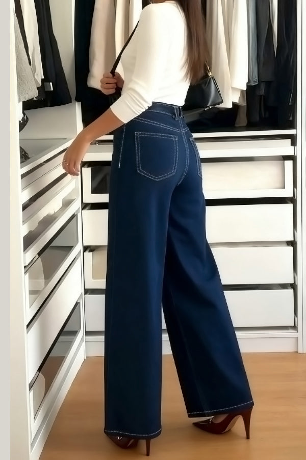 Stylish High-waisted Pocket Casual Straight-leg Wide-leg Jeans