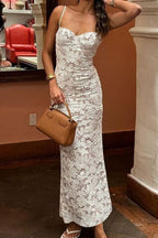 Floral Lace Corset Bustier Spaghetti Strap Column Maxi Dress