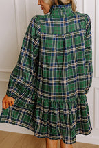 Plaid Print Loose V-Neck Long Sleeve Casual Mini Dress