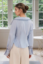 Ruffled Collared Puff Sleeve Striped Blouse