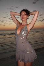 Halter Neck Deep V Sheer Mesh Mother-of-Pearl Button Tiered Ruffle Mini Dress
